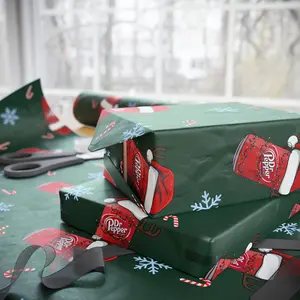 [Sale off up to 50%] Dr Pepper Christmas Wrapping Paper Santa Hat Soda Cans with Reindeer Antlers Lights Candy Canes Snowflakes Green Holiday Gift Wrap