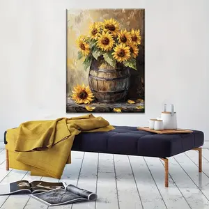 Vibrant Sunflower HD Print Oil Painting, Farmhouse Bucket Wall Art, Abstract Canvas Flower Hanging Decor, Modern Home Interior Decoration