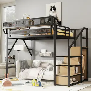Full Size Loft Bed with Stairs, Heavy-Duty Metal Loft Bed Frame with Storage Shelves, High Loft Bed with Wardrobe for Teens, Noise Free, Black
