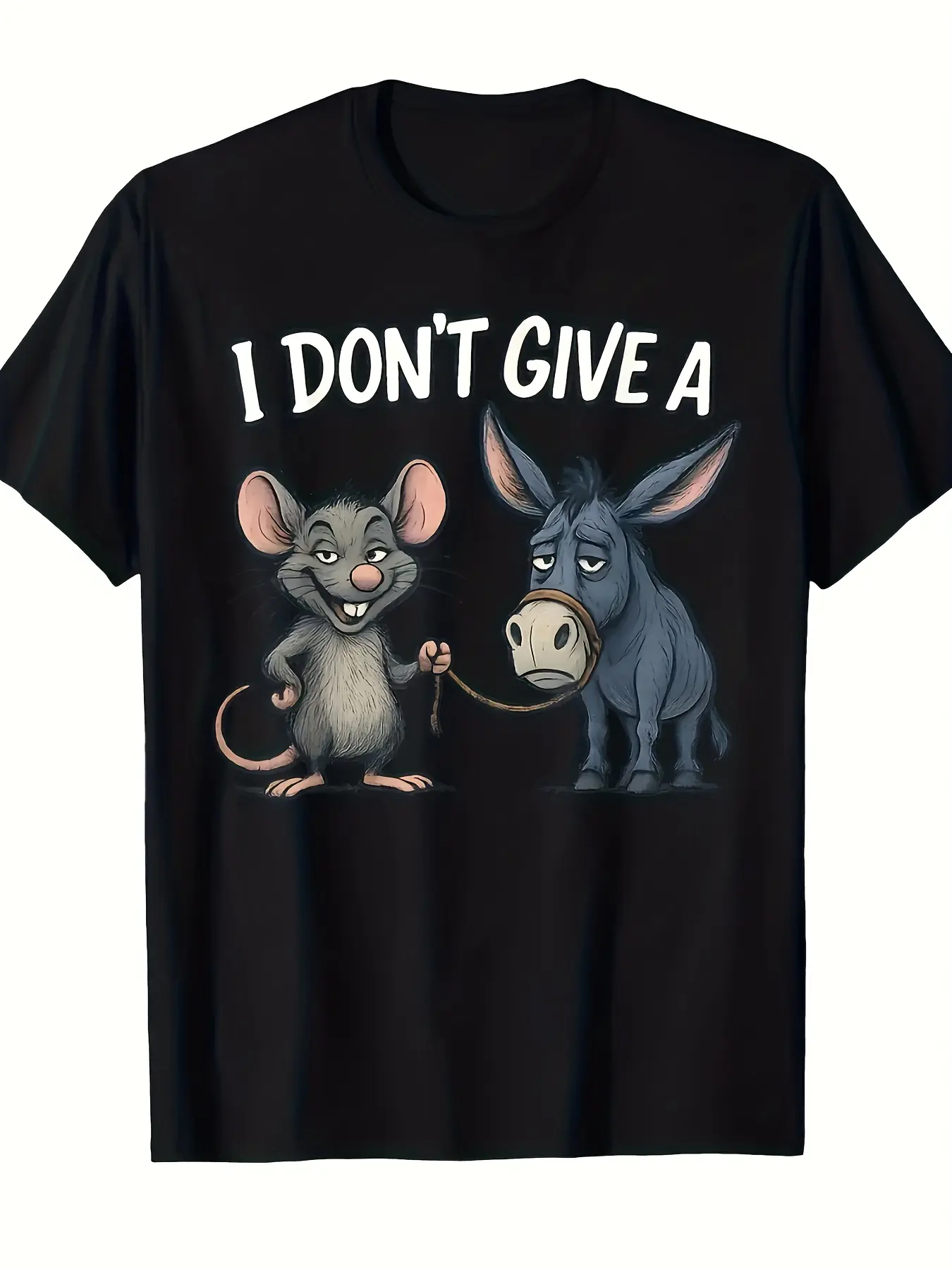 Men'S Funny Donkey and Mouse Graphic T-Shirt| "I Don't Give a" Saying with Donkey and Mouse Characters, Black Casual Round Neck Tee for Birthday Parties, Daily Wear and Gifts, Party Attire, Comfortable Fabric