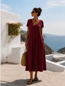 Plus Size Women's Solid Color Deep V-Neck Dress, Casual Loose-Fitting Short Sleeve Dress for All Seasons, European and American Style