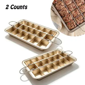 2 Counts，18-cell brownie cake mold, sturdy and durable, solid-bottom square non-stick bread baking pan, cake mold baking tool, kitchen supplies, baking supplies.