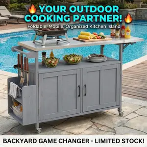 Outdoor Kitchen Island Foldable Mobile Patio Kitchen Cart with Lockable Wheels Storage Cabinet and Towel Rack Portable Grill Prep Table for Backyard BBQ Cooking Grey Weatherproof Prep Station for Outdoor Entertaining