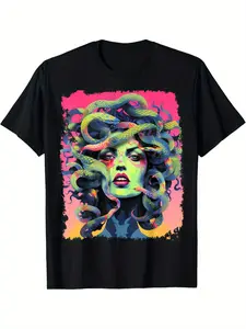 Men’s Plus Size Medusa Graphic T-Shirt – 100% Soft Breathable Cotton, Vibrant Medusa Snake & Woman Design, Casual Short Sleeve Crew Neck, S-4XL Plus Size, Regular Fit Durable, Ideal for Halloween/Christmas/Everyday Outings
