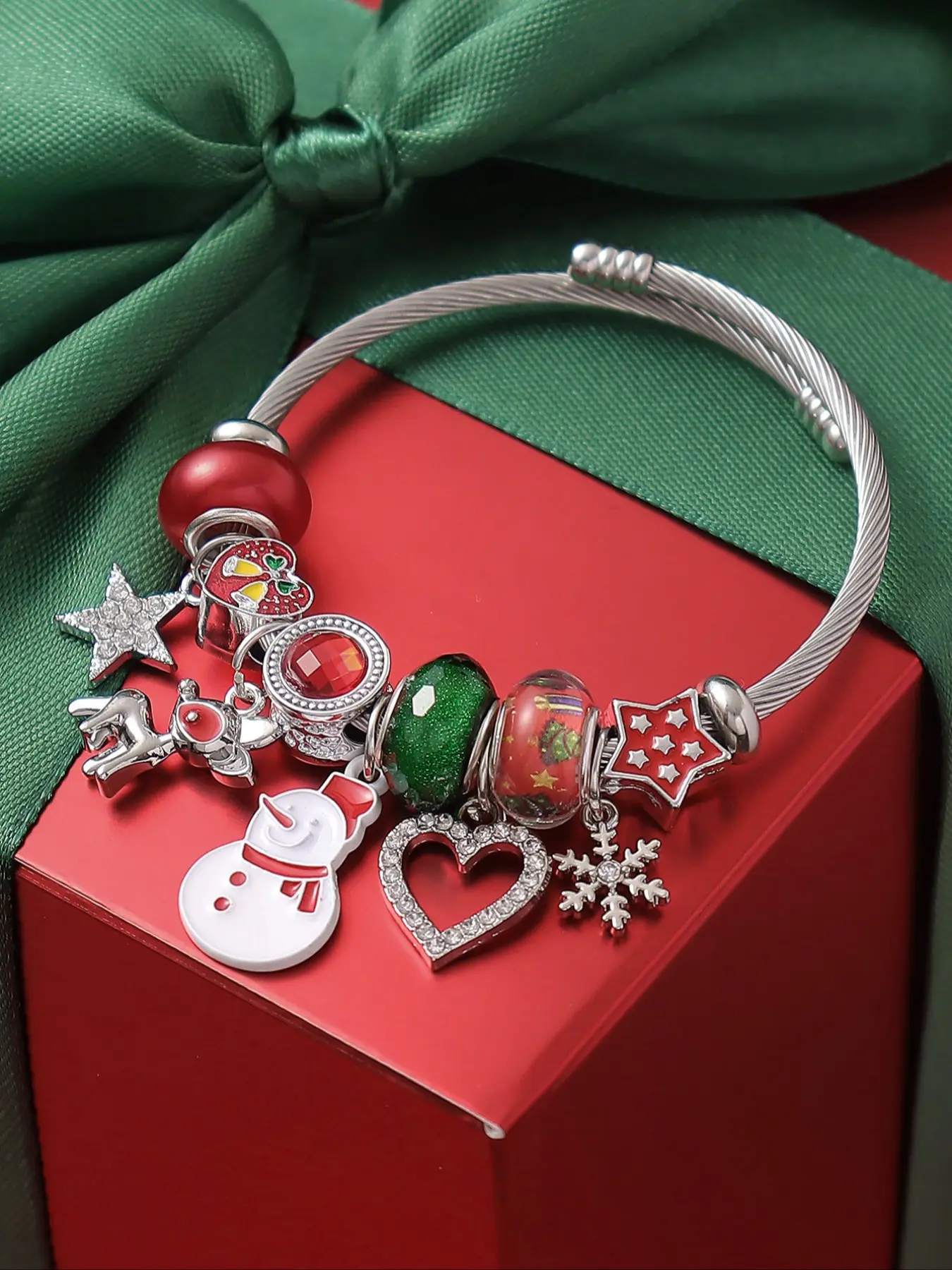Christmas Snowman Deer Pendant Bracelet, Stainless Steel DIY Jewelry for Women, Holiday Party Gift for Friends
