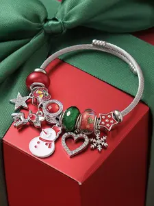 Christmas Snowman Deer Pendant Bracelet, Stainless Steel DIY Jewelry for Women, Holiday Party Gift for Friends