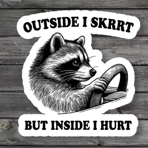 Outside I Skrrt But Inside I Hurt Raccoon Driving Sticker, Funny Raccoon, Millennial Laptop Sticker, Water Bottle Stickers, Vinyl Sticker