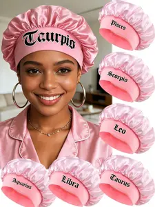 1 Piece Pink Twelve Constellations Premium Soft Satin Lined Silk Sleep Cap, Skin-Friendly & Breathable Night Hair Care Hat, No Hair Pressing Design, Unisex Night Cap