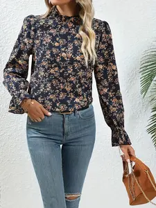 One women's floral print short-sleeved wide-sleeved blouse with a stand-up collar, suitable for a vacation style and presenting a sweet look.