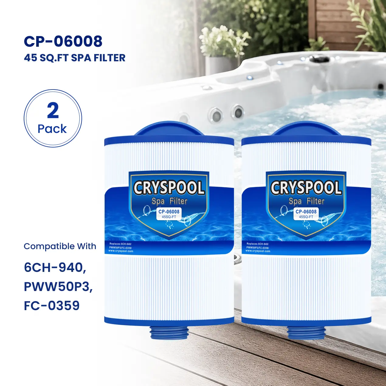 PWW50P3 Spa Filter, Compatible with Viking Spa Hot Tub Filter, FC-0359, PWW50P3 (NOT PWW50P4), 6CH-940, Cryspool 45 Sq. Ft Spa Filter Cartridge, 2 Pack