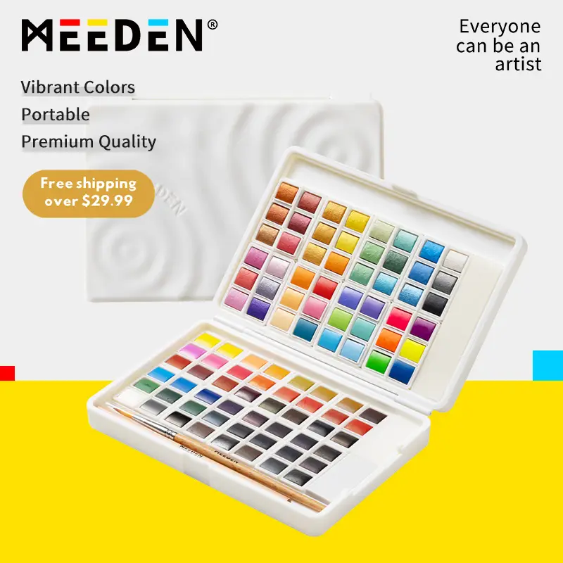 MEEDEN Watercolor Paint Set, 48/96 Vivid Colors in Portable Box, Paint Kit with Brush, Palette Customizable Color Blocks, Travel Watercolor Set
