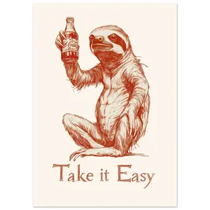 Sloth with Cola 'Take it Easy' Poster, Matte Finish, Dorm Room Wall Art, Aesthetic Room Decor