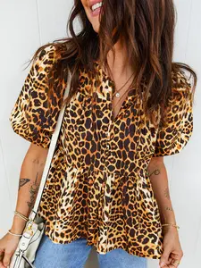 Leopard Print Short Puff Sleeve Slit Neck Babydoll Blouse, Soft, Breathable Fabric Keeps You Cool and Confident All Day.