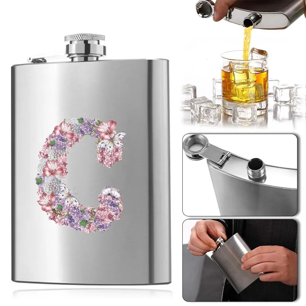Flower & Letter Pattern Flask, Stainless Steel Whiskey Wine Bottle, Leak Proof Alcohol Bottle, Creative Drink Ware, Unique Letter Theme Gifts for Traveller