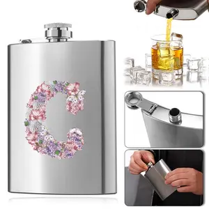 Flower & Letter Pattern Flask, Stainless Steel Whiskey Wine Bottle, Leak Proof Alcohol Bottle, Creative Drink Ware, Unique Letter Theme Gifts for Traveller