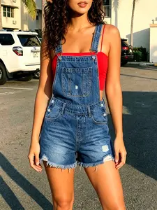 Dark Wash Distressed Sleeveless Rolled Frayed Hem Denim Short Overalls, Stylish Casual Wear, Perfect for Summer