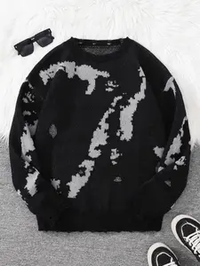 New Fashion Fall Winter Street Style Ripped Abstract Pattern Pullover Sweater, Casual Round Neck Knitwear for Men & Women