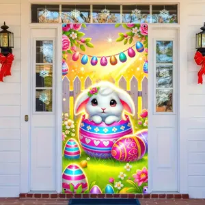 2D flat banner1pc Happy Easter Door Cover Bunny Eggs Door Banner WelcomeEaster Spring Banner Holiday Party Decorations fo Indoor Outdoor Decor  Spring Easter Hanging Banner Sign Decoration HomeDecor HolidayParties Birthday Decorations Cartoon Animal Theme