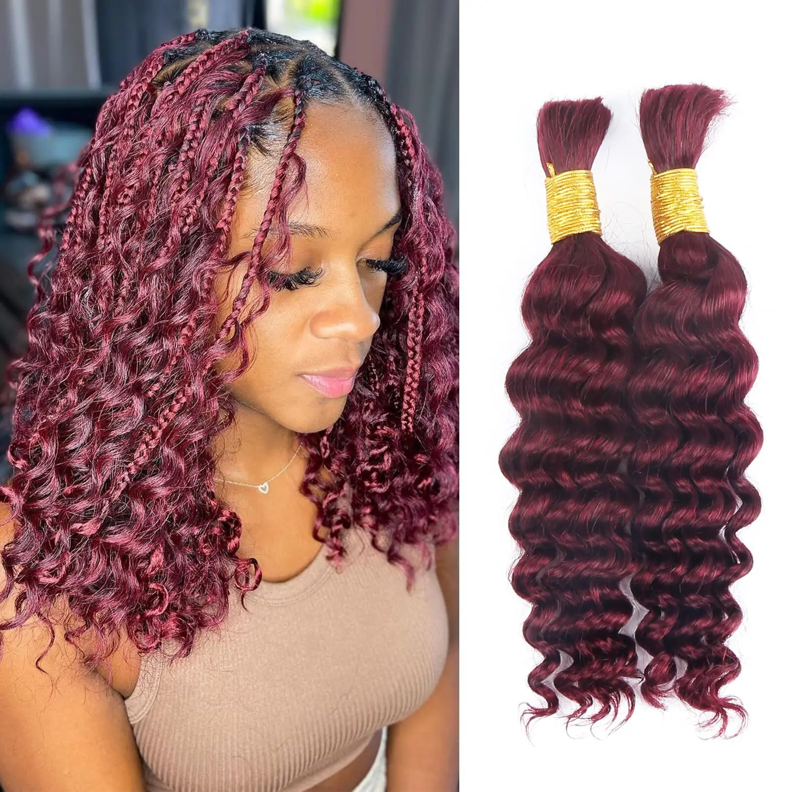 Human Braiding Hair for Boho Braids Burgundy Deep Wave Bulk Human Hair for Braiding 14 Inch 2 Bundles 100G #99J Wet and Wavy Curly Human Hair Red Braiding Hair Extensions No Weft Bundles for Braiding