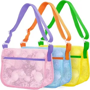 Mesh Beach Bags for Sand Toys - 3 Pack Seashell Collecting Bags with Adjustable Straps, Beach Toy Organizer & Shell Pouch, Summer Beach Essentials