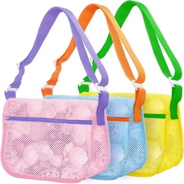 Mesh Beach Bags for Sand Toys - 3 Pack Seashell Collecting Bags with Adjustable Straps, Beach Toy Organizer & Shell Pouch, Summer Beach Essentials