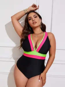 2026 Women's Plus Size Neon Color Block One Piece Swimsuit | Deep V Neck Racerback Tummy Control | High Cut Curvy Beach Bathing Suit