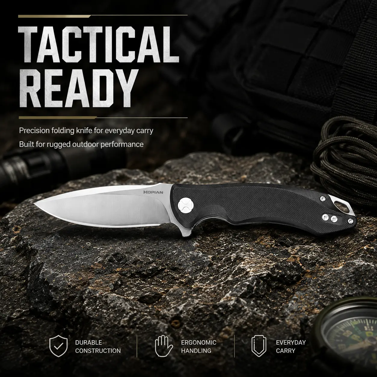 HOPIAN ARCUS Large Folding Tactical EDC Pocket Knife - 8.12in D2 Stonewash Steel Straight Edge Blade, Non Slip Curved Ergonomic Black G10 Handle Liner Lock Folder with Deep Carry Clip, Outdoor Gadgets for Camping Carving,h,Cor,all-purpose,daily,ca,secure,