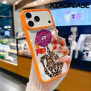 Magnetic Phone Case Compatible with iPhone 17 Pro Max Air 16 15 14  13 12 11 Plus,KISS ME And Leopard-print red lips Pattern Clear Acrylic Hard Back Soft TPU Edge Non-Yellowing Protective Cover