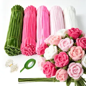 591pcs pipe cleaner strips, 5 Color Fuzzy Pipe Cleaners, Complete DIY Floral Craft Set Including Flower Stems, Floral Tape & Flower Stamens, Vivid Bright Pink Tone