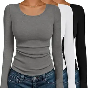 Ekouaer Women's Long Sleeve Ribbed Scoop Neck Casual Thermal Undershirts Clothes, 2025 Fall Fitted Basic Tees, XS-XXL Sizes