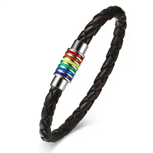 OIDEA Rainbow Braided Leather Magnetic Clasp Bracelet, Unisex Pride Wristband with Stainless Steel Hardware