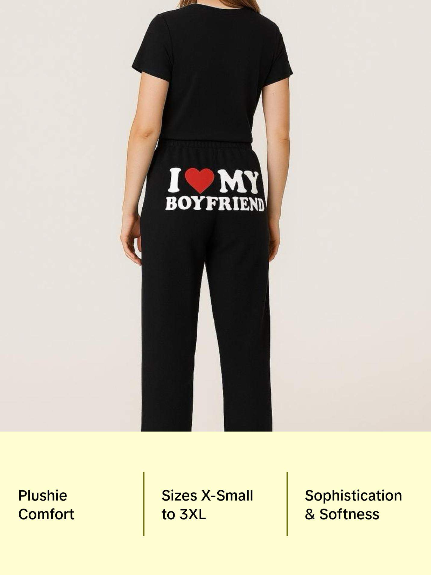 I Love My Boyfriend Black Pajamas - Luxurious Soft Plushie Loungewear for All Seasons Comfortable Sizes X-Small to 3XL Matching Pj Set Nightwear Womenswear I Love My Boyfriend Black Pajamas - Luxurious Soft Plushie Loungewear for All Seasons Comfortable Sizes X-Small to 3XL Matching Pj Set Nightwear Womenswear