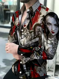 Men's Summer Long Sleeve Shirt Fashion Casual Japanese Samurai Warrior Girl Tattoo Print Button Shirt