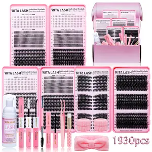 RITALASH 1930Pcs D Curl Large Capacity Eyelash 3 Trays Book Kit Bottom+Spike+60D+100D+Cat40D/50D/60D+150D Natural Eye Makeup, Reusable, with Makeup Tools Bond&Seal, Remover, Headband, Suitable For Daily Use Individual Eyelashes, Eyelash Extension Kit