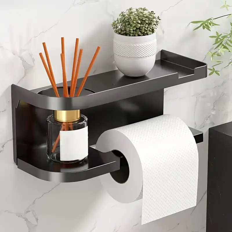 Wall-Mounted Toilet Paper Holder, No-Drill Bathroom Storage Rack, Bathroom Gadgets, Roll Paper Dispenser, Space-Saving Bath Organizer, Bathroom Organizer Supplies, Bathroom Essentials Accessories