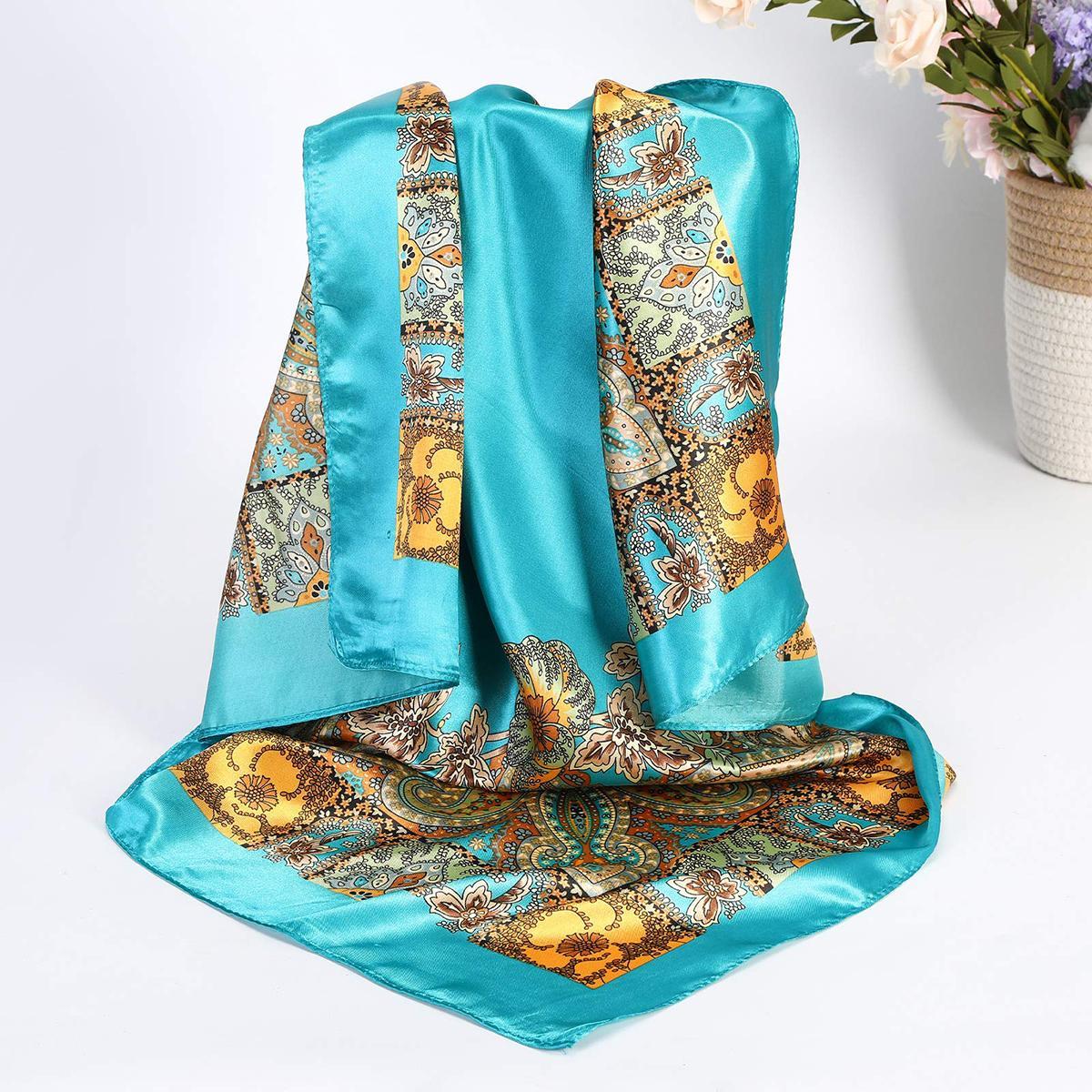 AWAYTR 35” Silk Like Square Headscarf 4Pcs Large Bandana Head Kerchief Fashion Pattern Hair Scarves for Women Head Wrap