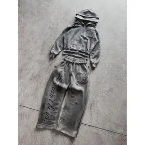 Men Women Embroidered Patch Double Layer Hooded Zipper Shirt Hip Hop Personality Goth Punk Wear Loose Hoodie Sweatpants Suit