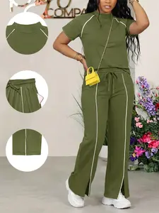 Women's Solid Color Short Sleeve Two-Piece Set Outfit, Basic Casual Round Neck Fitted T-Shirt and Long Pants for Everyday Wear, Fall & Winter Fashion, Summer