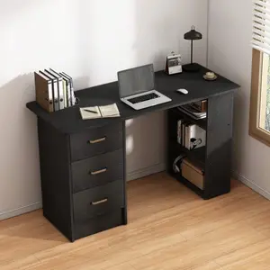 Writing Desk Wood Computer Desk With 3 Drawers,3 Open Storage Shelves For Home Office,Study Room,Dressing Room,Modern Home Office Desk,Office Furniture (White/Black)