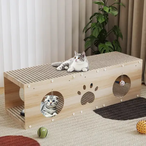 IRONCK 2-in-1 Kitten House & Scratcher - Durable Large Solid Wood Indoor Pet Furniture with Ball Toy, Stable Top, Easy Installation, 2-in-1 Play+Bed, Scratch+Bed in 1