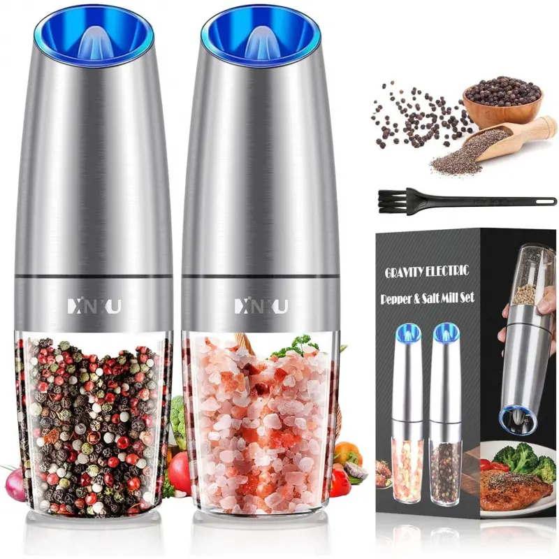 Gravity Electric Salt Pepper Grinder Set Automatic, Adjustable Coarseness, Stainless Steel & Acrylic, Battery-Operated LED Light Mill with Ceramic Rotor for Modern Kitchen Seasoning, 2-Pack