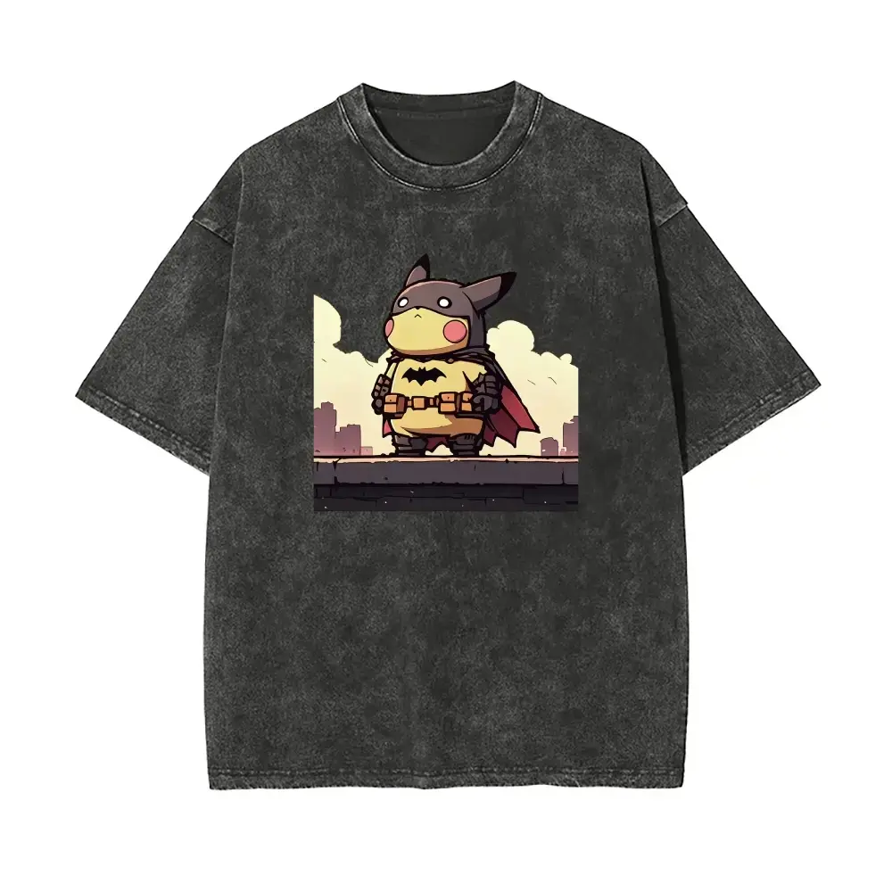 Men's Oversized Vintage Acid Wash Graphic Tee - Pika-Batman Heavyweight Cotton Shirt, Drop Shoulder Y2K Anime Streetwear Top