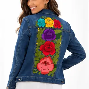 Women's Denim Jacket with Mexican Floral Embroidery, Blue Jean Coat with Colorful Hand-Stitched Flowers
