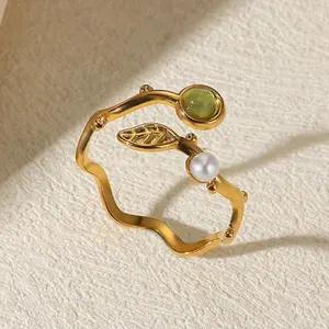 Vintage Cat Eye Simulated Pearl Leaf Adjustable Stainless Steel Ring, Simple Design Women's Elegant Daily Wear Jewelry, Fashion Rings