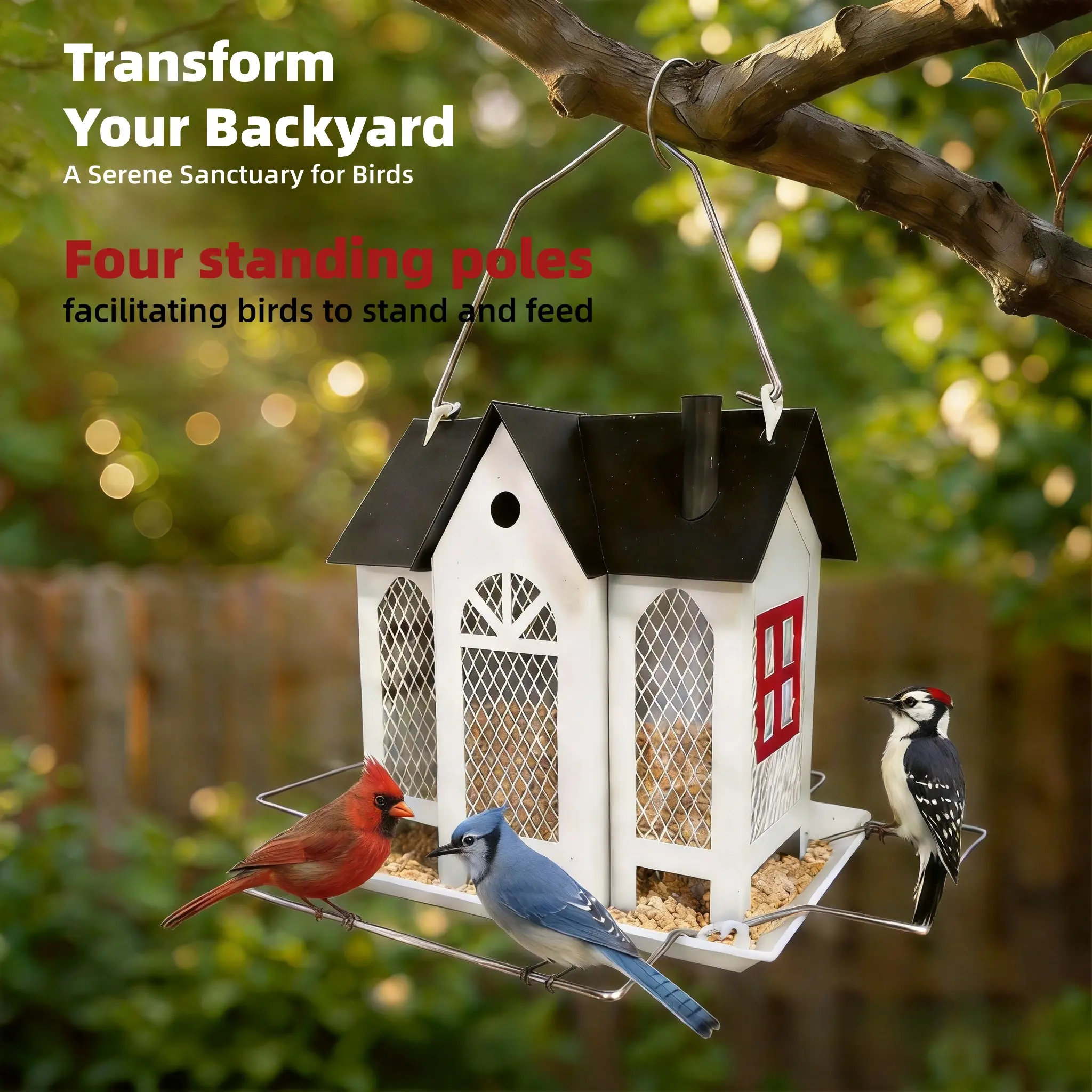 Outdoor Metal Mesh Wild Bird Feeder - 3 Ports for Finch, Cardinal, Large Capacity, 4-Sided Hanger & Perch Bars, Weatherproof Durable White Design, Gift for Bird Lovers