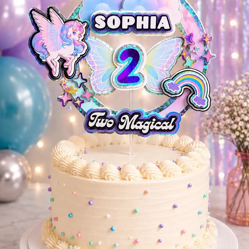 Personalized Butterfly and Unicorn Birthday Cake Topper | Custom Unicorn Party Decor for Girls | 2nd Birthday Cake Decoration