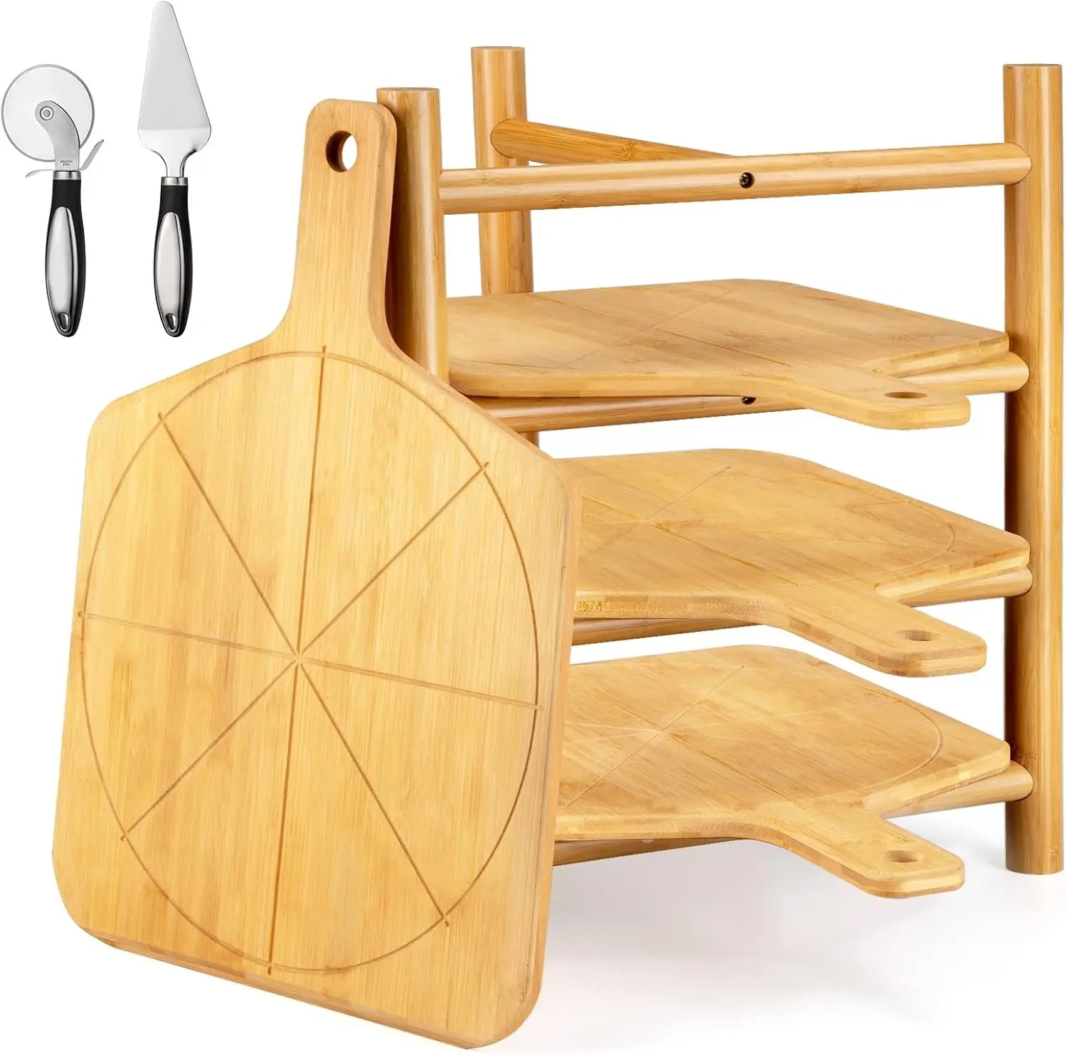 16.9 x 12 Inch 4 Pcs Pizza Peel Set with Stand, Smooth Pizza Paddle Cutting Board with 8 Slice Grooves, Serving Tray Includes Stainless Steel Pizza Cutter Wheel & Pizza Shovel