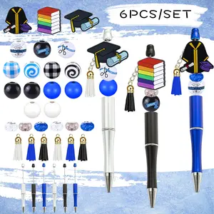 6pcs Blue Graduation Theme DIY Bead Pen Set with Tassel, Smooth Writing Pens, Creative Grad Gift, University Gift, Classmate Party Office Supplies
