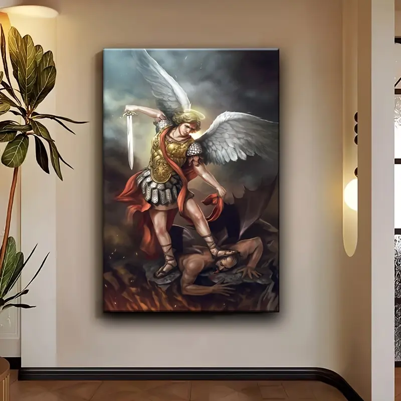 1-Piece Wood Framed Archangel Michael Illustrative Art Print - High-Quality Pine Wood Home Wall Art, Modern Office Decor, Ideal Holiday Gift, One-Piece