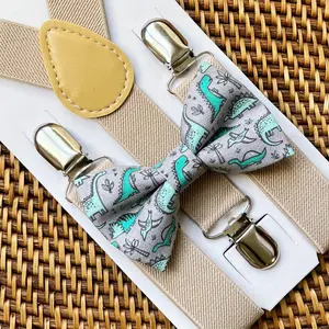 Dinosaur Bow Tie & Tan Suspenders Set- Ring Bearer or Birthday